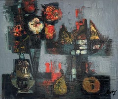 Bodegón con flores rojas de Frank Chabry - Óleo sobre lienzo 65x54 cm