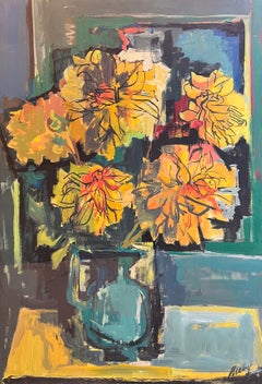 « Yellow Flowers » de Frank Chabry - Huile sur toile/papier 98x68 cm
