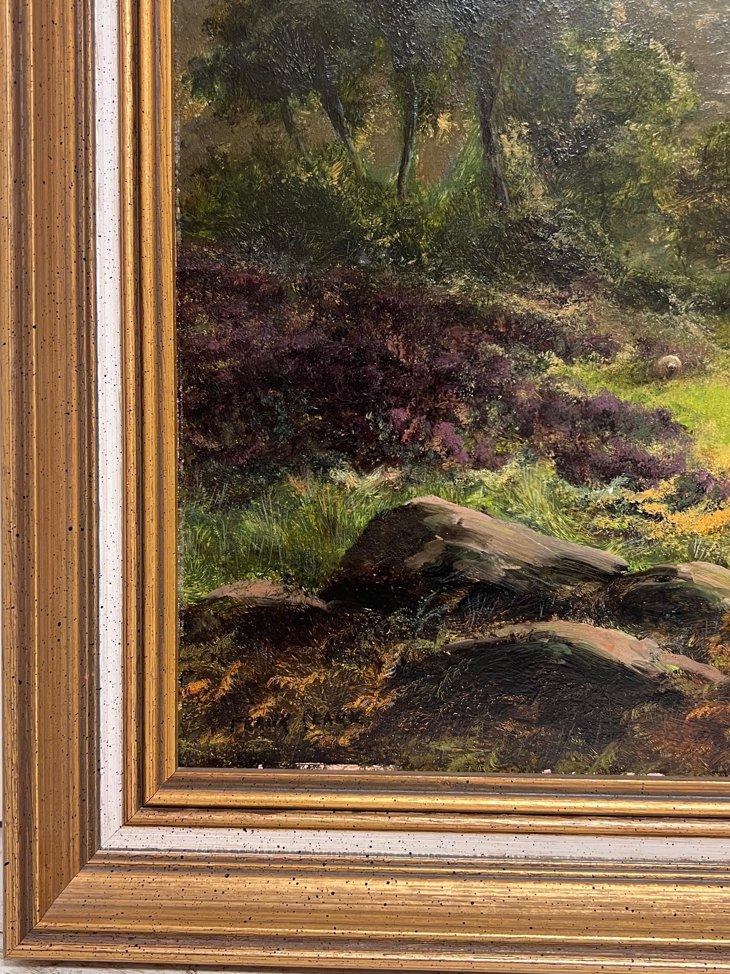 Antique British Pintura al óleo firmada Paisaje pastoral de las tierras altas Ovejas pastando en venta 4