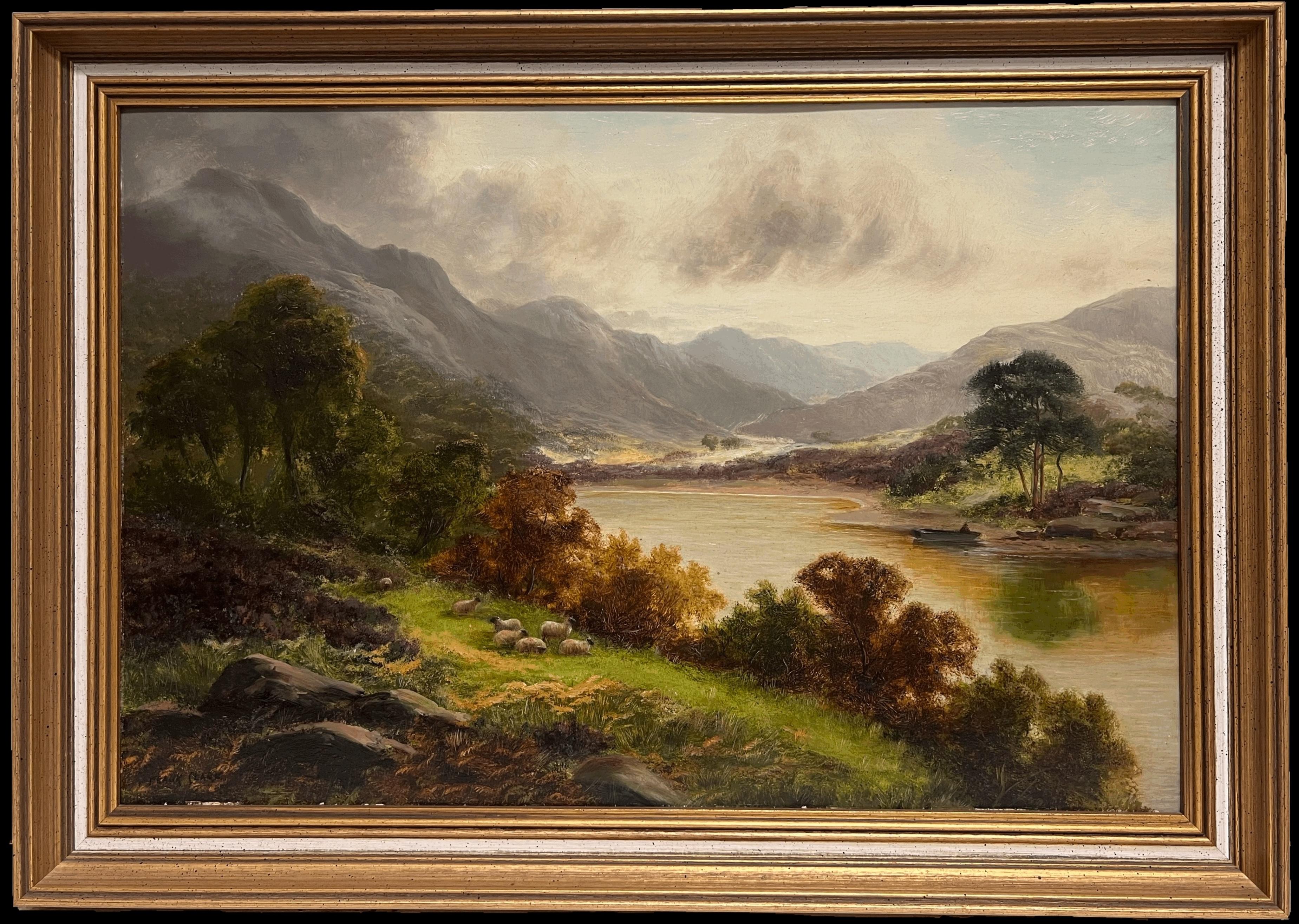 Landscape Painting de Frank Clark (British, 20th century) - Antique British Pintura al óleo firmada Paisaje pastoral de las tierras altas Ovejas pastando