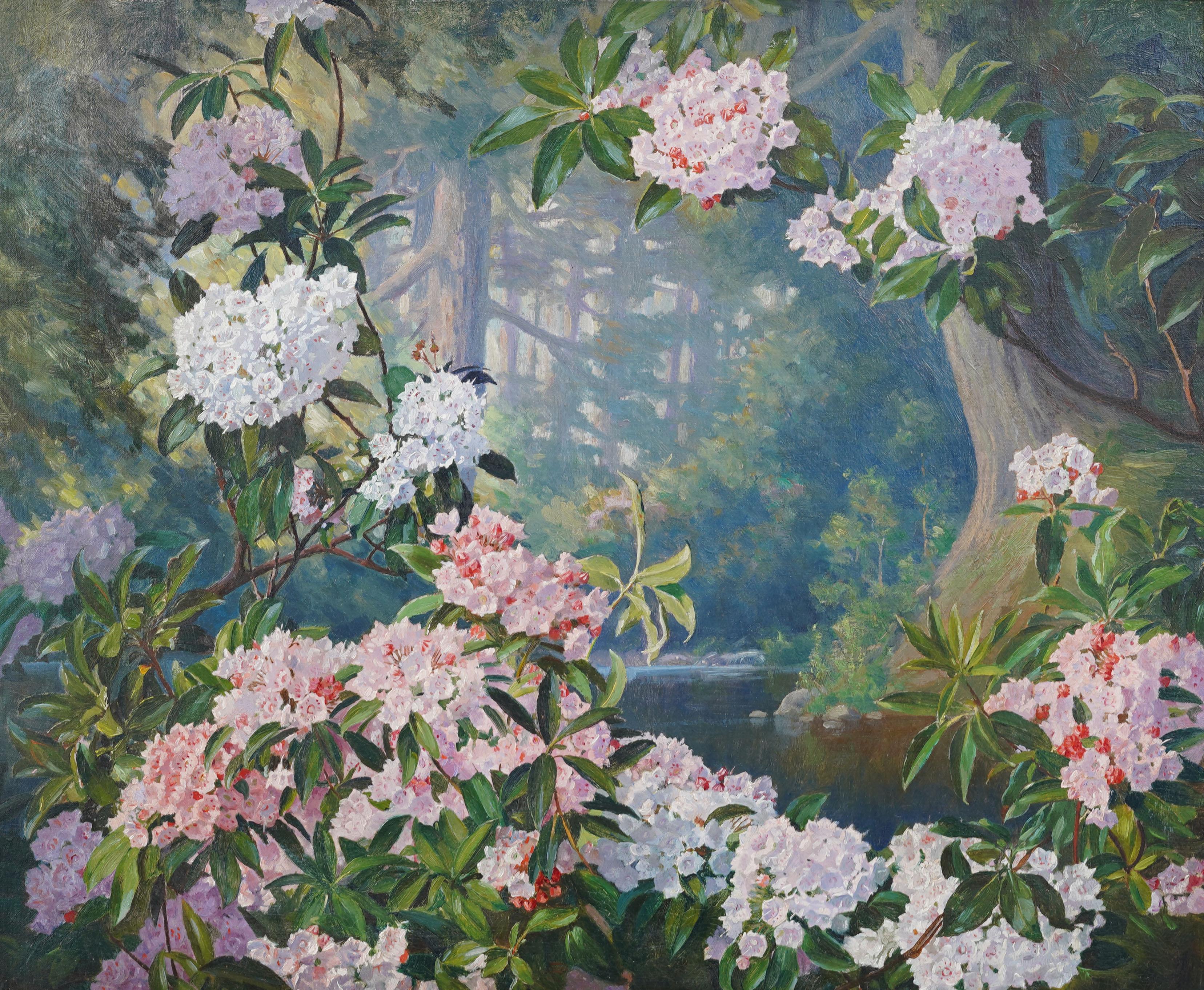 Nature morte impressionniste américaine ancienne à la fleur de rhododendron - Gris Landscape Painting par Frank Convers Mathewson (1862 - 1941)