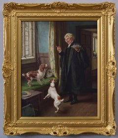 Historical genre oil painting of a gentleman & his dogs 