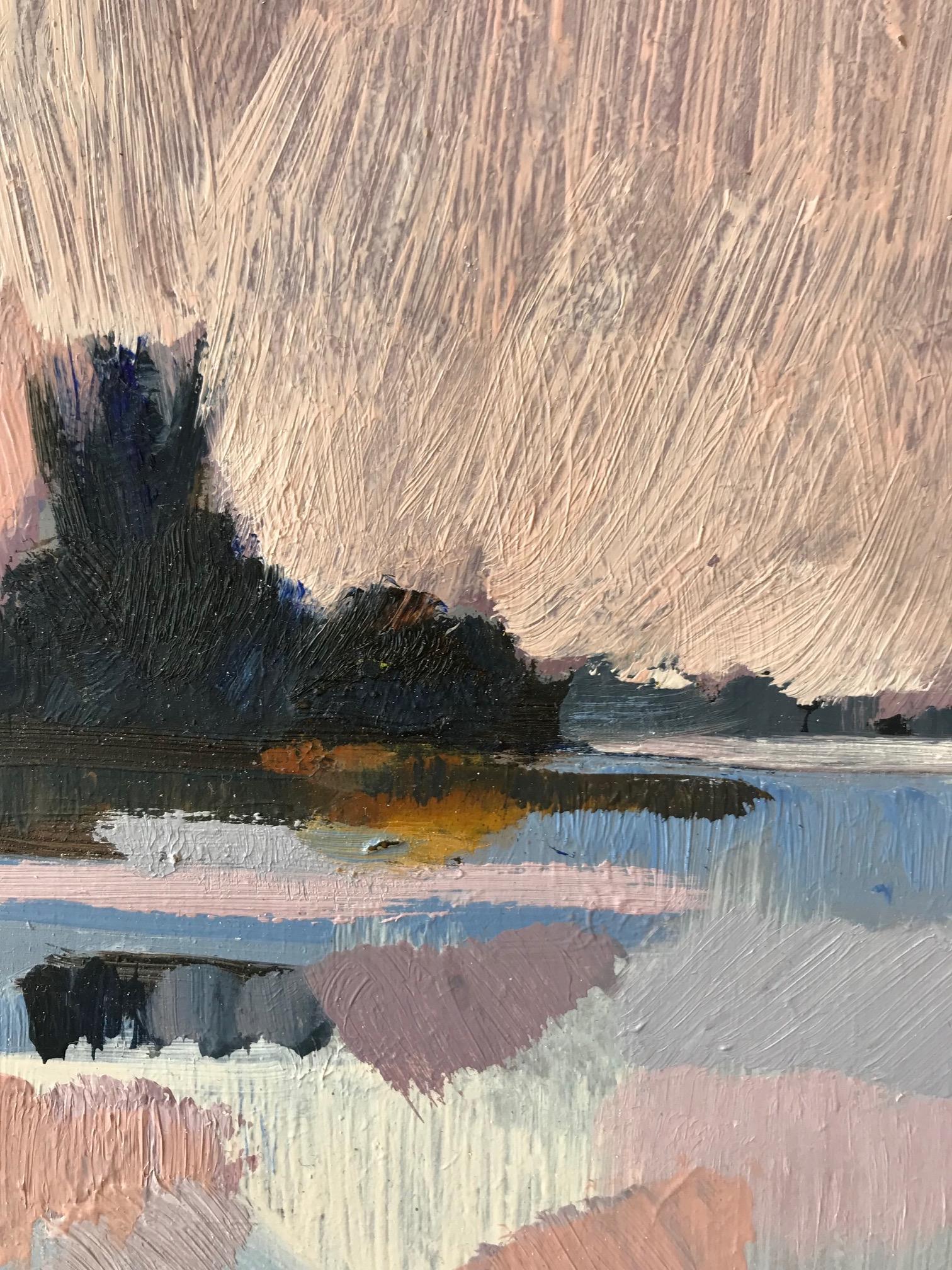 ''Landscape Miniature Lilac Sky', Contemporary Landscape Miniature Oil Painting  - Gray Landscape Painting by Frank Dekkers