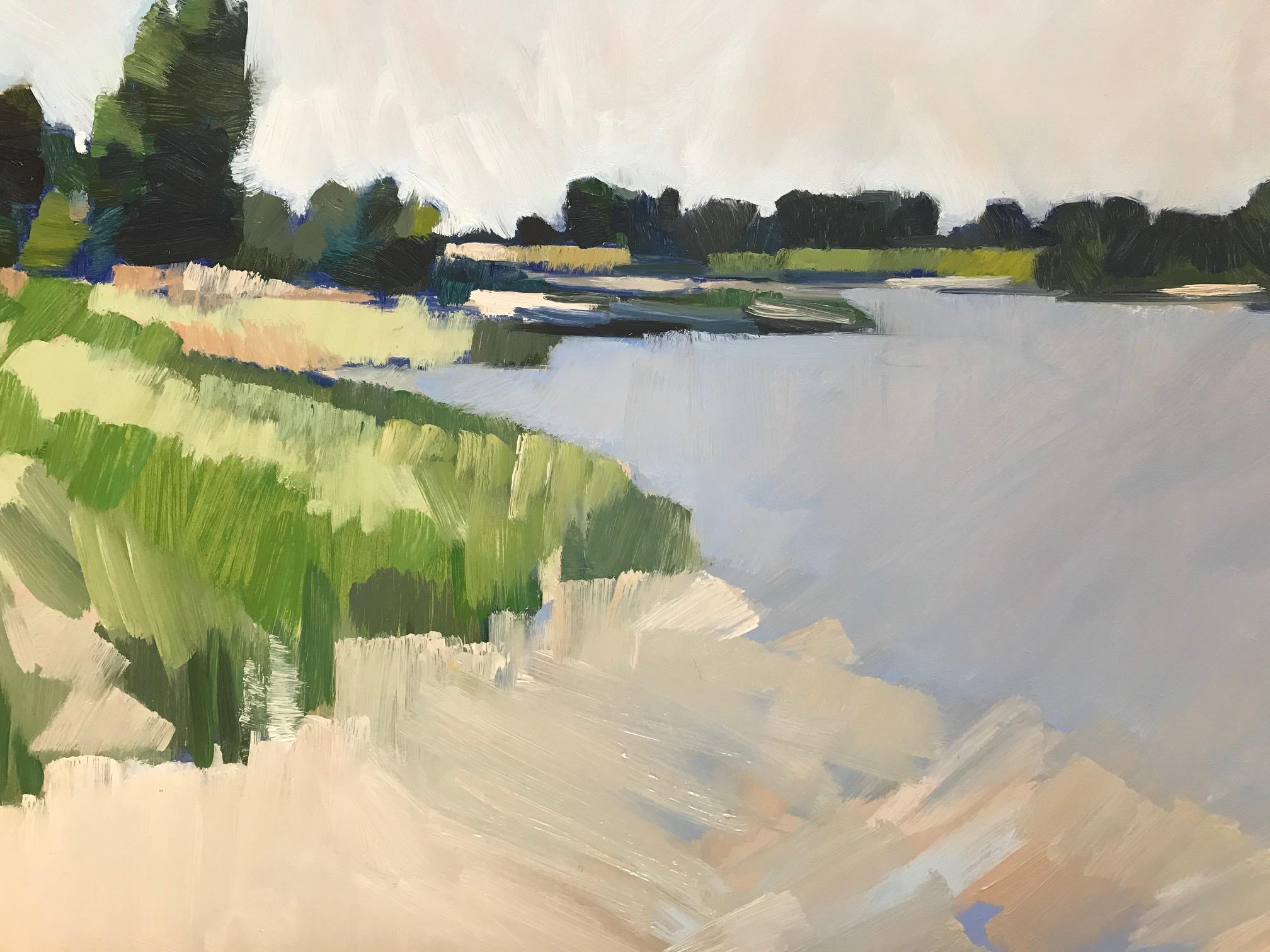 ''Marea baja'', Óleo holandés contemporáneo de un paisaje - Landscape Painting Gris de Frank Dekkers