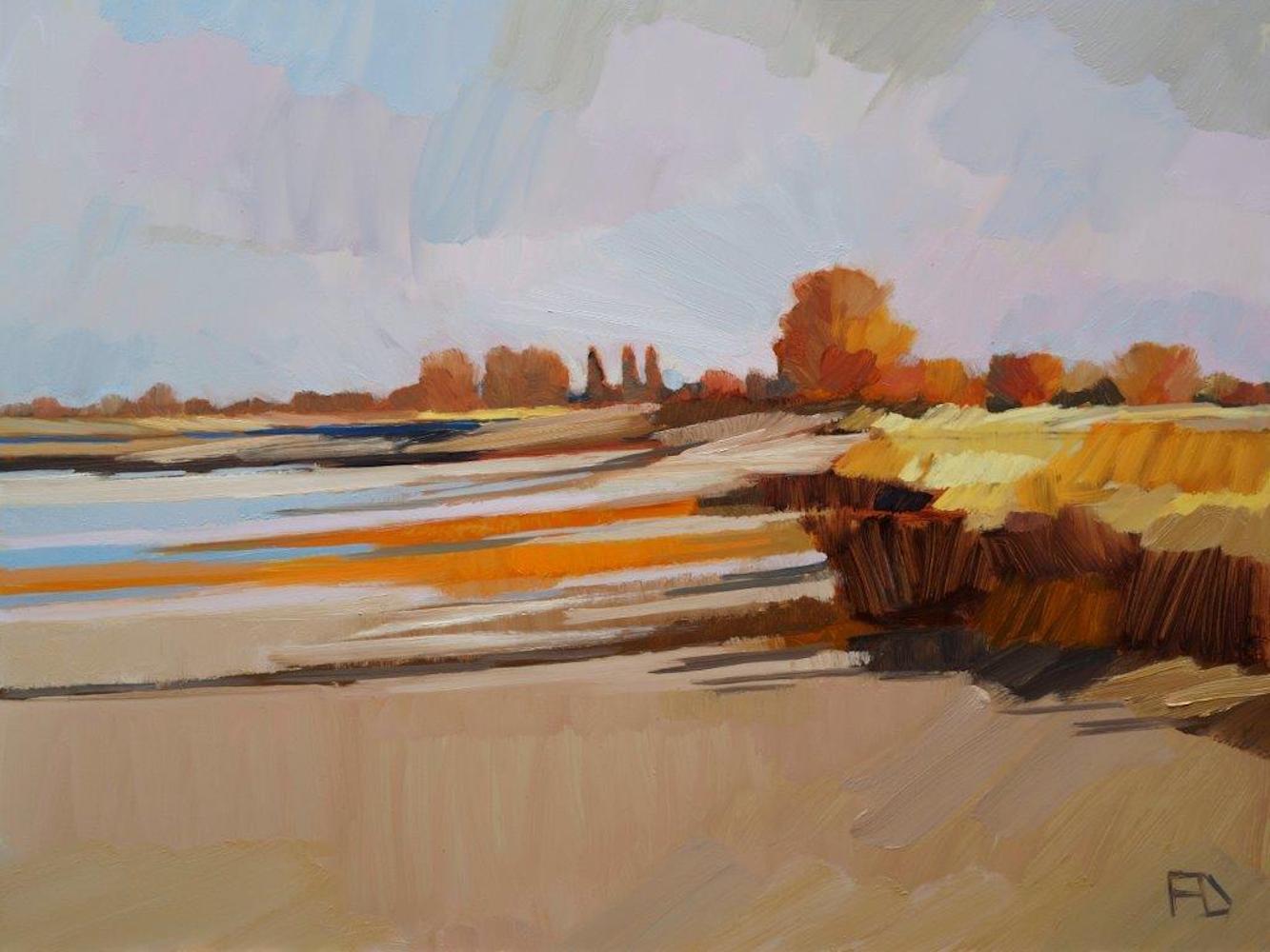 Landscape Painting Frank Dekkers - « Low Tide », peinture à l'huile contemporaine néerlandaise d'un paysage