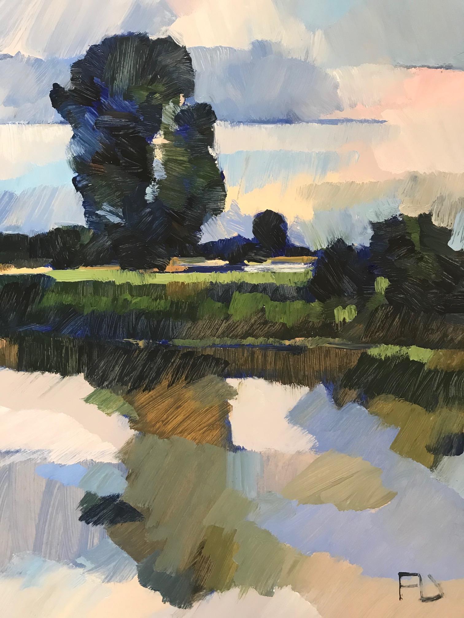 ''L'Uiterwaard pieno di vita'', dipinto ad olio olandese contemporaneo di un paesaggio - Painting di Frank Dekkers