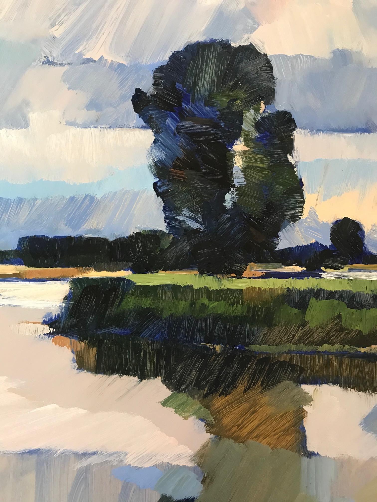 ''L'Uiterwaard pieno di vita'', dipinto ad olio olandese contemporaneo di un paesaggio - Painting Contemporaneo di Frank Dekkers