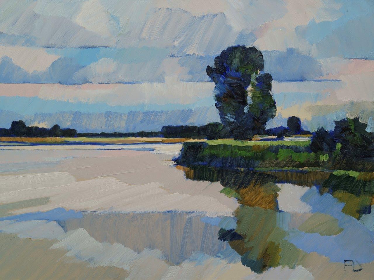 Landscape Painting di Frank Dekkers - ''L'Uiterwaard pieno di vita'', dipinto ad olio olandese contemporaneo di un paesaggio