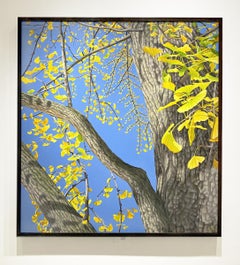 Cascades of Gold: Photorealist Landscape Painting of Yellow Gingko Leaves & Sky