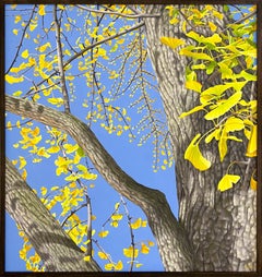 Cascades of Gold: Photorealist Landscape Painting of Yellow Gingko Leaves & Sky