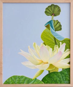 Green Lotus 86: Photorealist Still Life Painting with Light Pink Flower