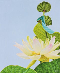 Green Lotus 86: Photorealist Still Life Painting with Light Pink Flower