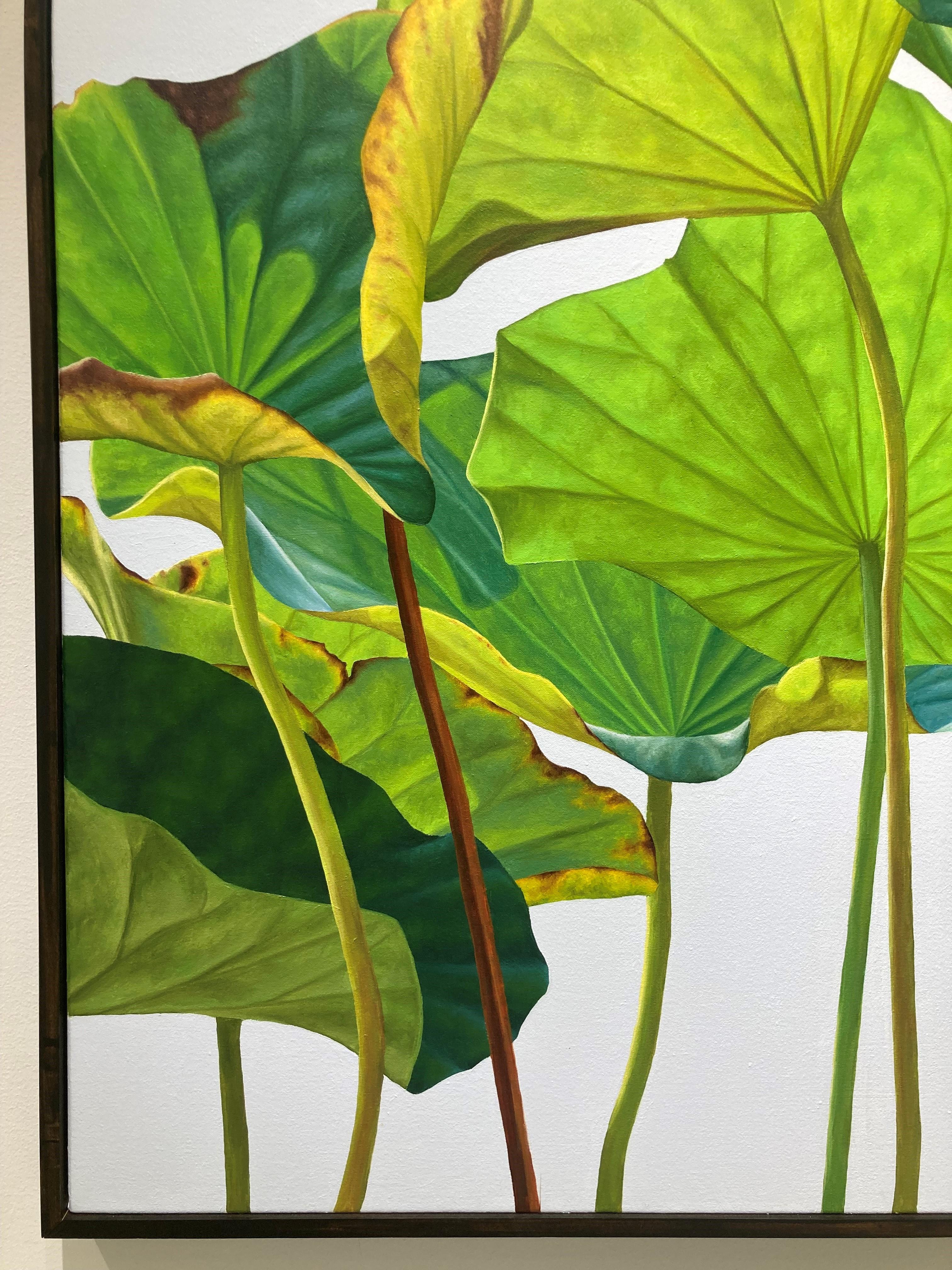 Lotus 28 : Peinture réaliste de nature morte de lotus verts sur gris - Vert Still-Life Painting par Frank DePietro