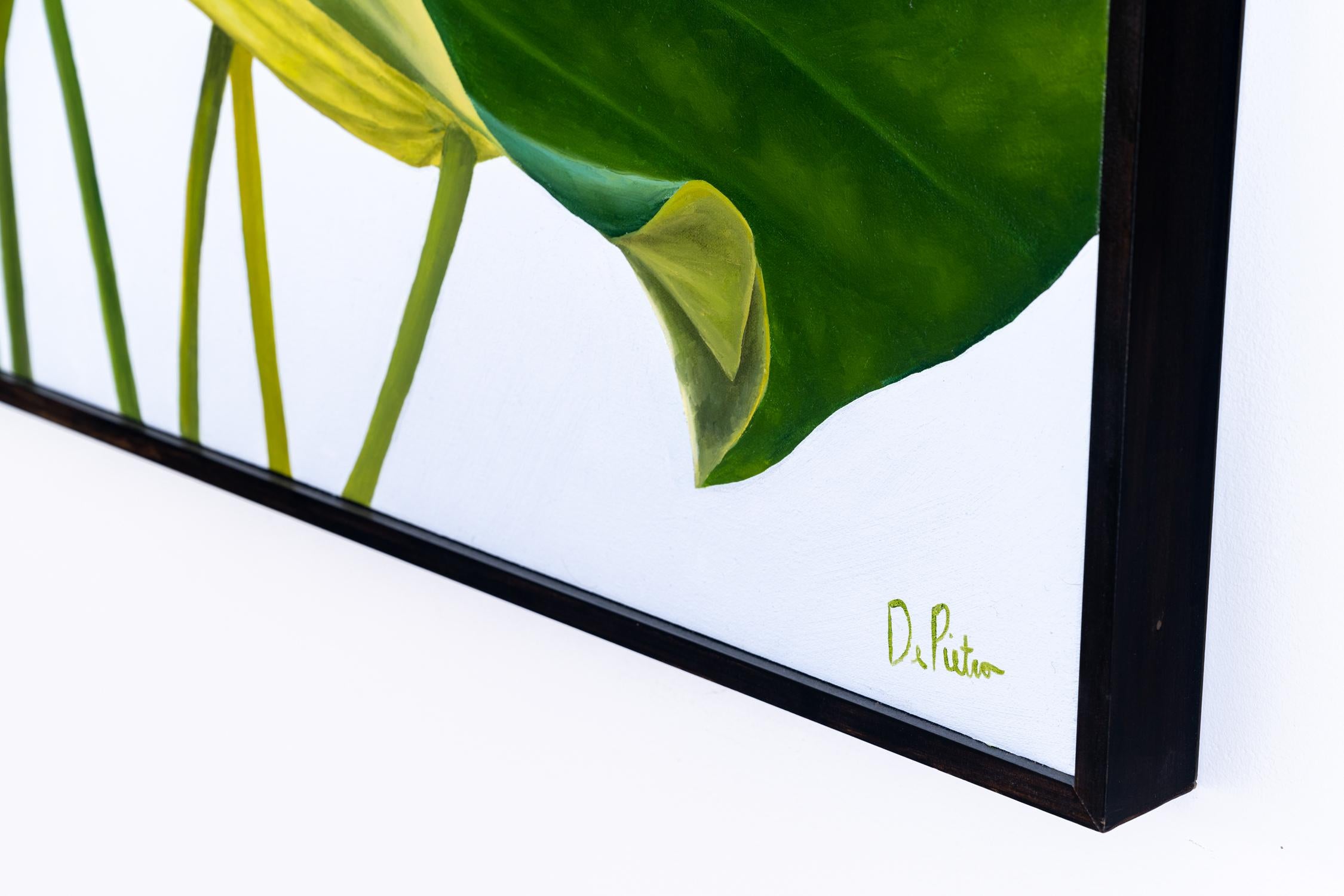 Photo-realist still life painting of lush green lotus plants on a soft grey sky background
