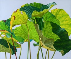 Lotus 28: Photo Realist Still Life Painting of Green Lotus Plants on Grey