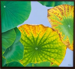 Lotus 30: Photo Realist Still Life Painting of a Green Lotus Leaf on Grey 