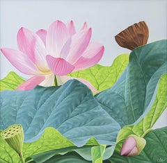 Lotus 61: Photorealist Still Life Painting of Pink & Green Lotus Flower on Blue