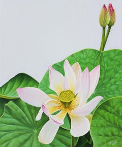 Lotus 85: Photorealist Still Life, Landscape Painting of Pink / White Flower