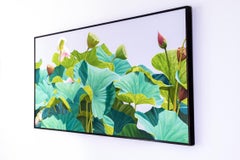Lotus Fifty: Photo Realist Still Life Painting of Green Lotus Plants and Flowers