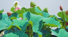 Lotus Fifty: Photo Realist Still Life Painting of Green Lotus Plants and Flowers