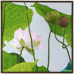 Lotus No. 65 (Photo-Realist Still Life Painting of Pink & Green Lotus Flowers)