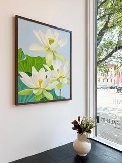 White Lotus Flower: Photorealist Botanical Still Life Framed Painting on Canvas