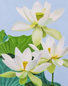 White Lotus Flower: Photorealist Botanical Still Life Framed Painting on Canvas