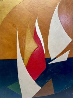 Sailboats Leather on Board Painting, Signed, 1976, 61 x 45.7 cm