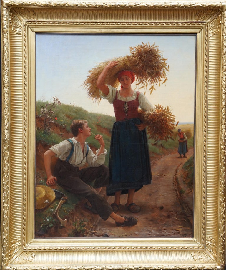 French Harvest Romance - British 19th Century art figurative oil painting France For Sale 7