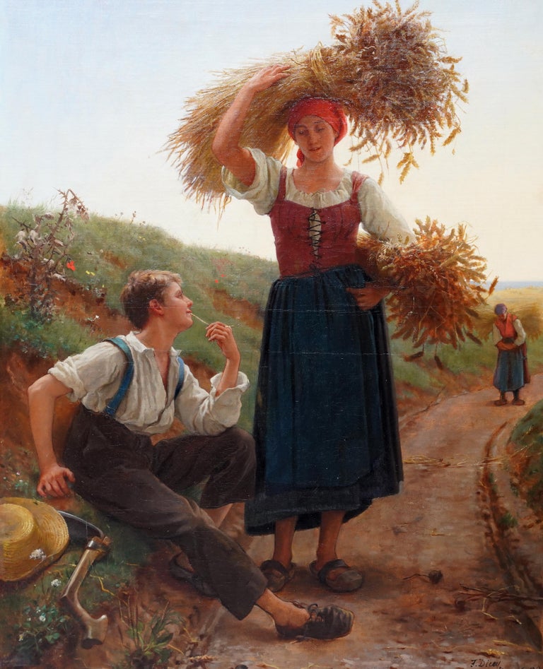 French Harvest Romance - British 19th Century art figurative oil painting France - Painting by Frank Dicey