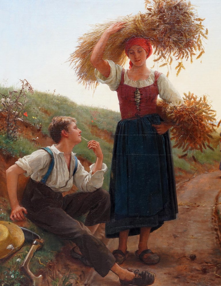 French Harvest Romance - British 19th Century art figurative oil painting France - Victorian Painting by Frank Dicey