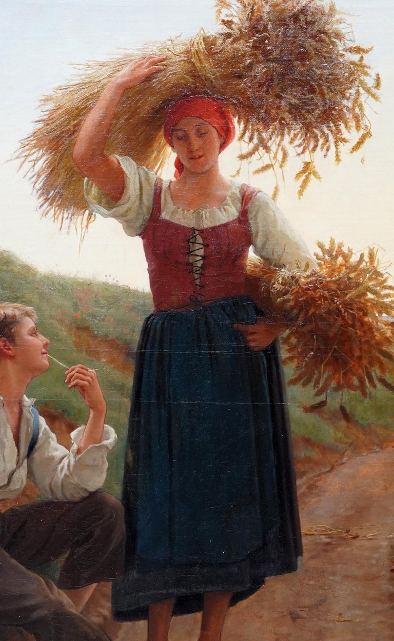 French Harvest Romance - British 19th Century art figurative oil painting France - Brown Portrait Painting by Frank Dicey
