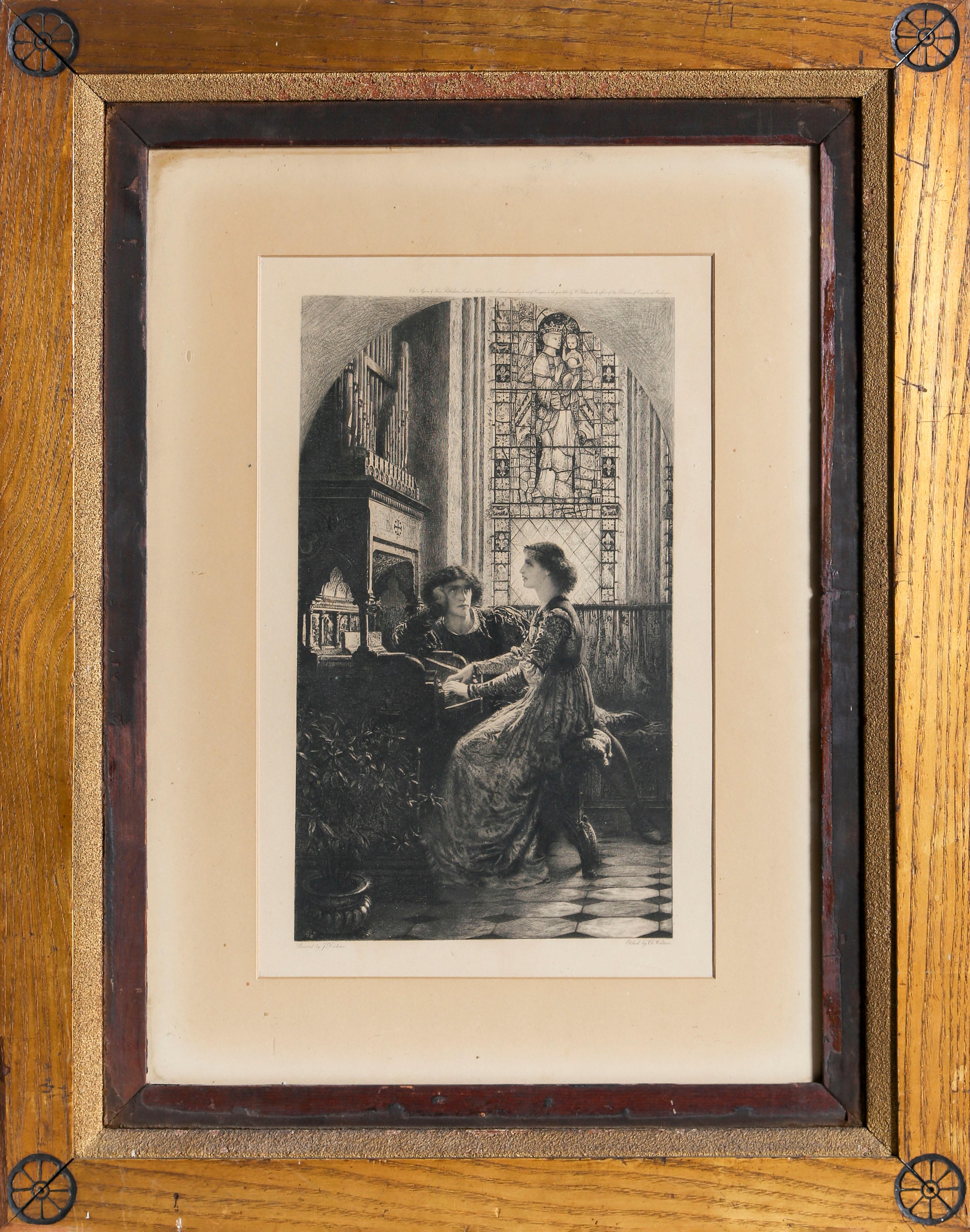 This is an etched rendition of a painting by Frank Dicksee. Harmony is one of the most well-known pictures by Dicksee, depicting a young man staring adoringly into the eyes of a girl playing the organ. Originally titled 'Music', this piece was