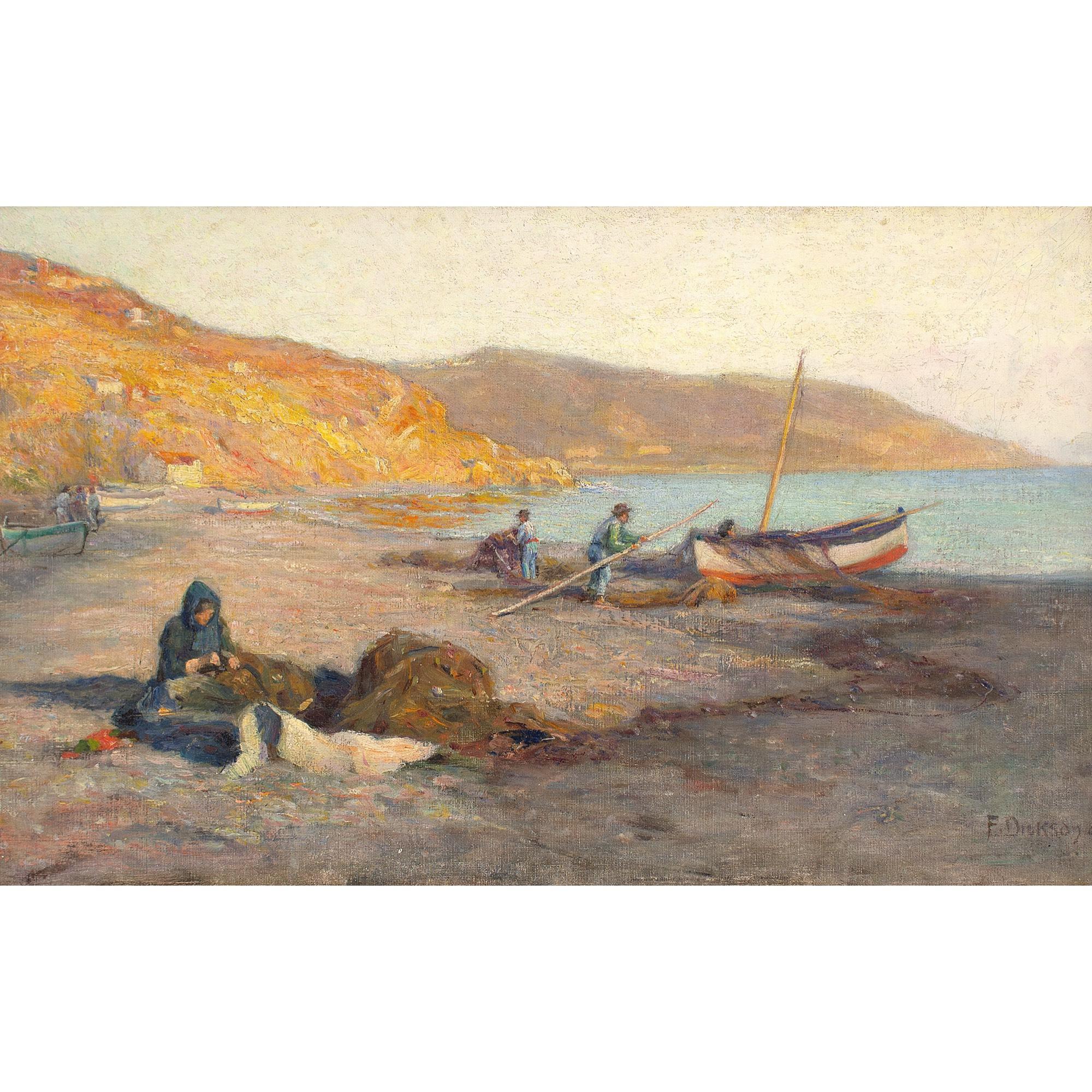 Frank Dickson, Riparazione delle reti dei pescatori, pittura ad olio 1
