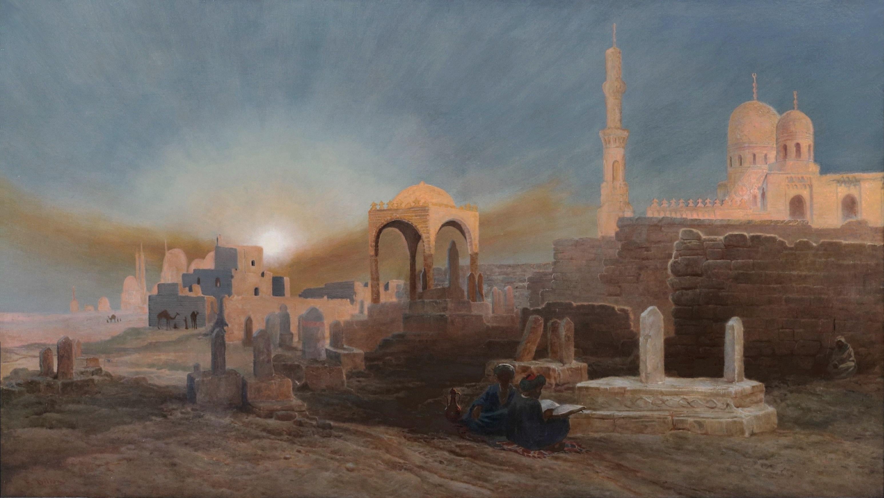 Tumbas de los sultanes - Pintura al óleo orientalista del siglo XIX Real Academia 1873 - Landscape Painting Gris de Frank Dillon