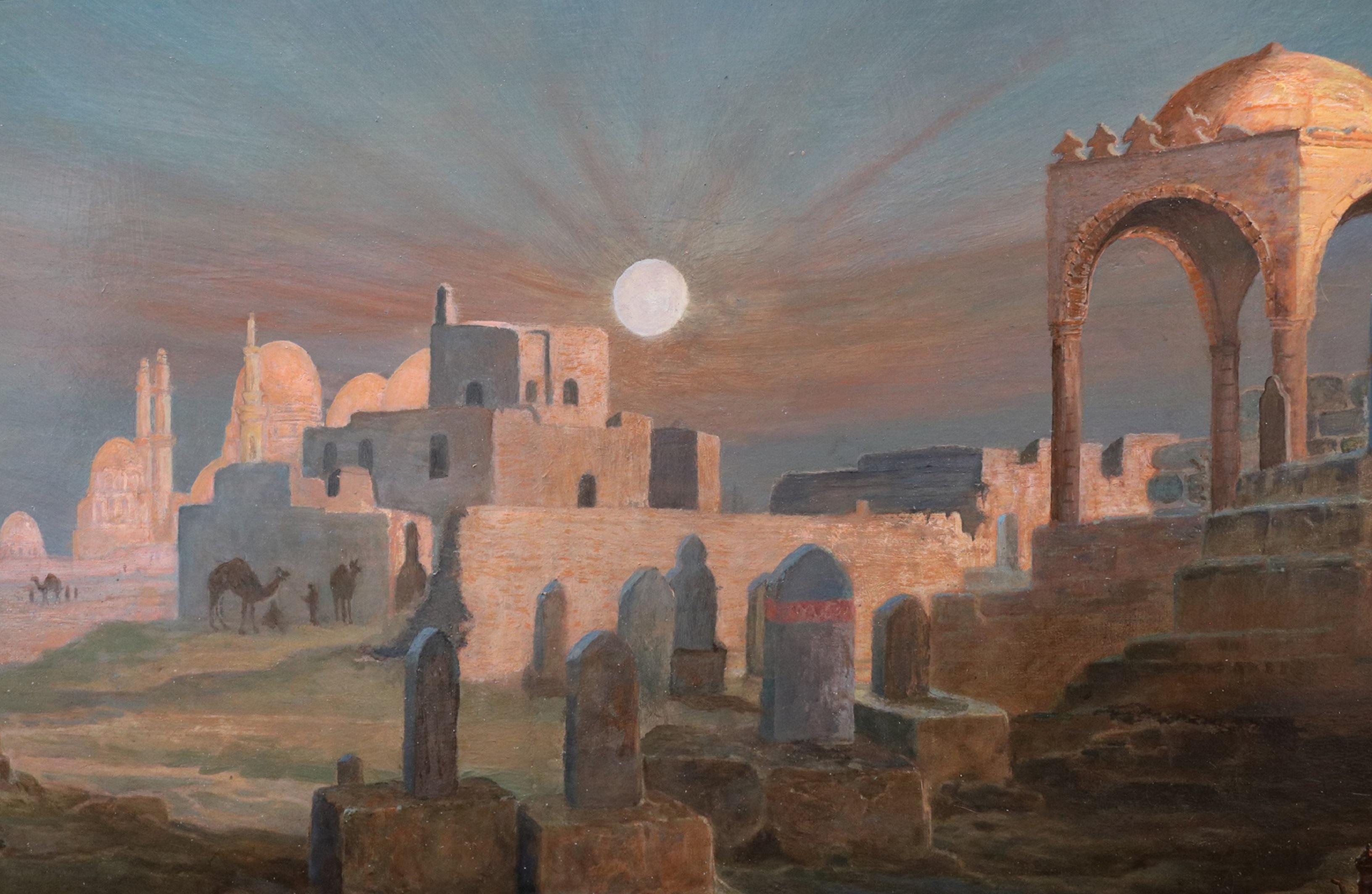 Tumbas de los sultanes - Pintura al óleo orientalista del siglo XIX Real Academia Egipto 3