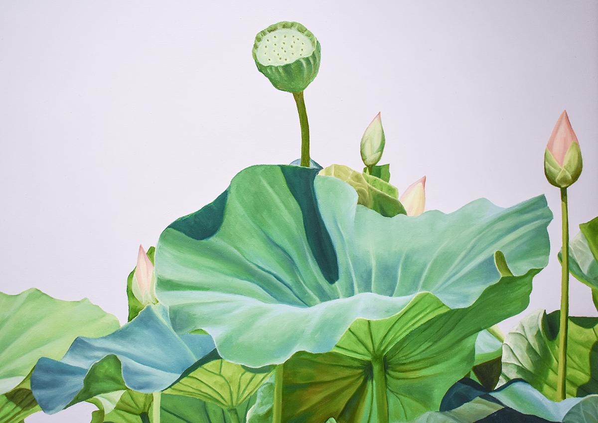Lotus No. 1 (Zeitgenössische Hard Edge Realist Still Life Malerei von Lotusblättern) von Frank DePietro
30 x 48 x 1,5 Zoll, Öl auf Leinwand
31 x 49 x 1,5 Zoll gerahmt, braune Holzleiste

Frank DePietro fängt die Lotuspflanze in atemberaubendem,