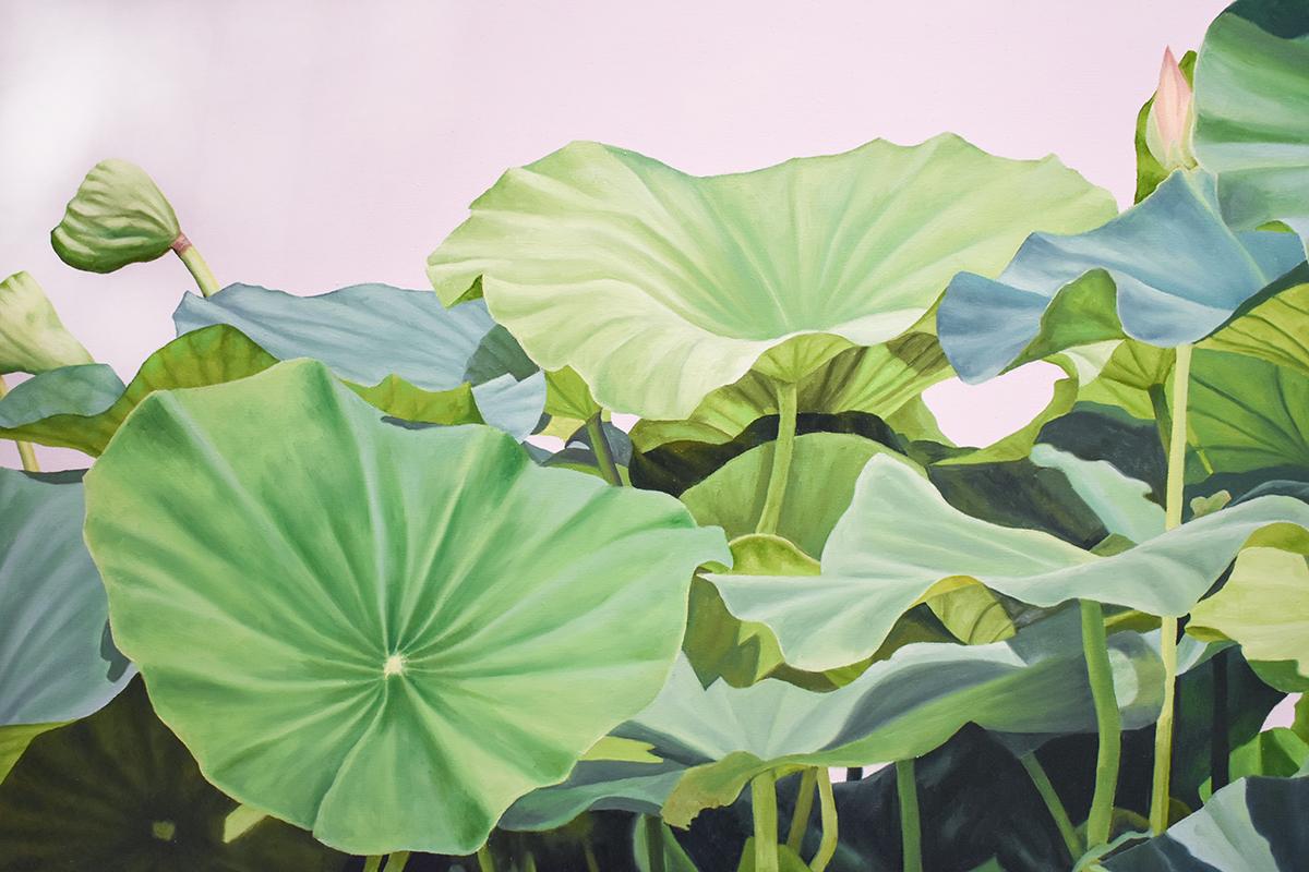 Lotus No. 1 (Contemporary Hard Edge Realist Still Life of Bright Botanicals) - Gray Still-Life Painting by Frank DePietro