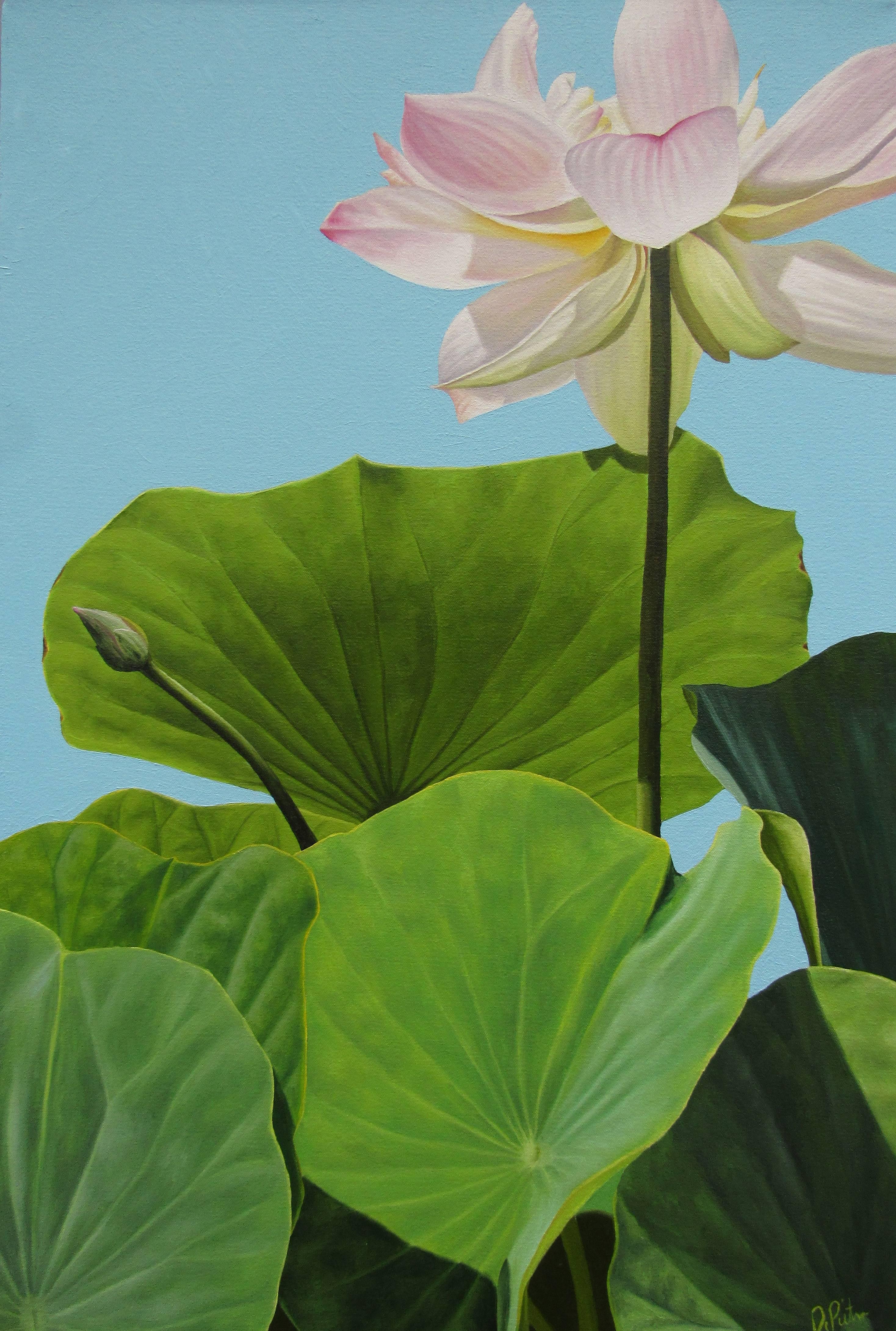 Frank DePietro Figurative Painting - Lotus No 10. (Hard Edge Realist painting of White Lotus Flower and Leaves)