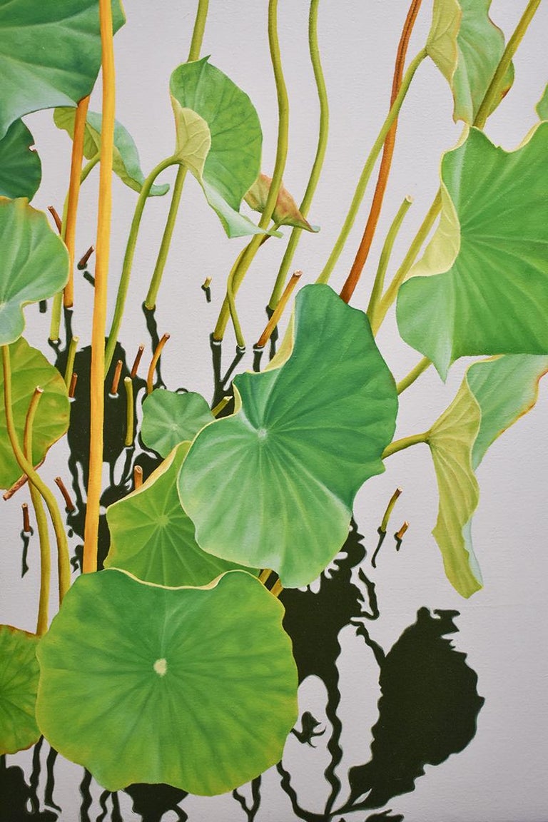 Lotus No. Five (Hard Edge Realist Painting of Lotus Leaves Reflected in Water) - Gray Still-Life Painting by Frank DePietro