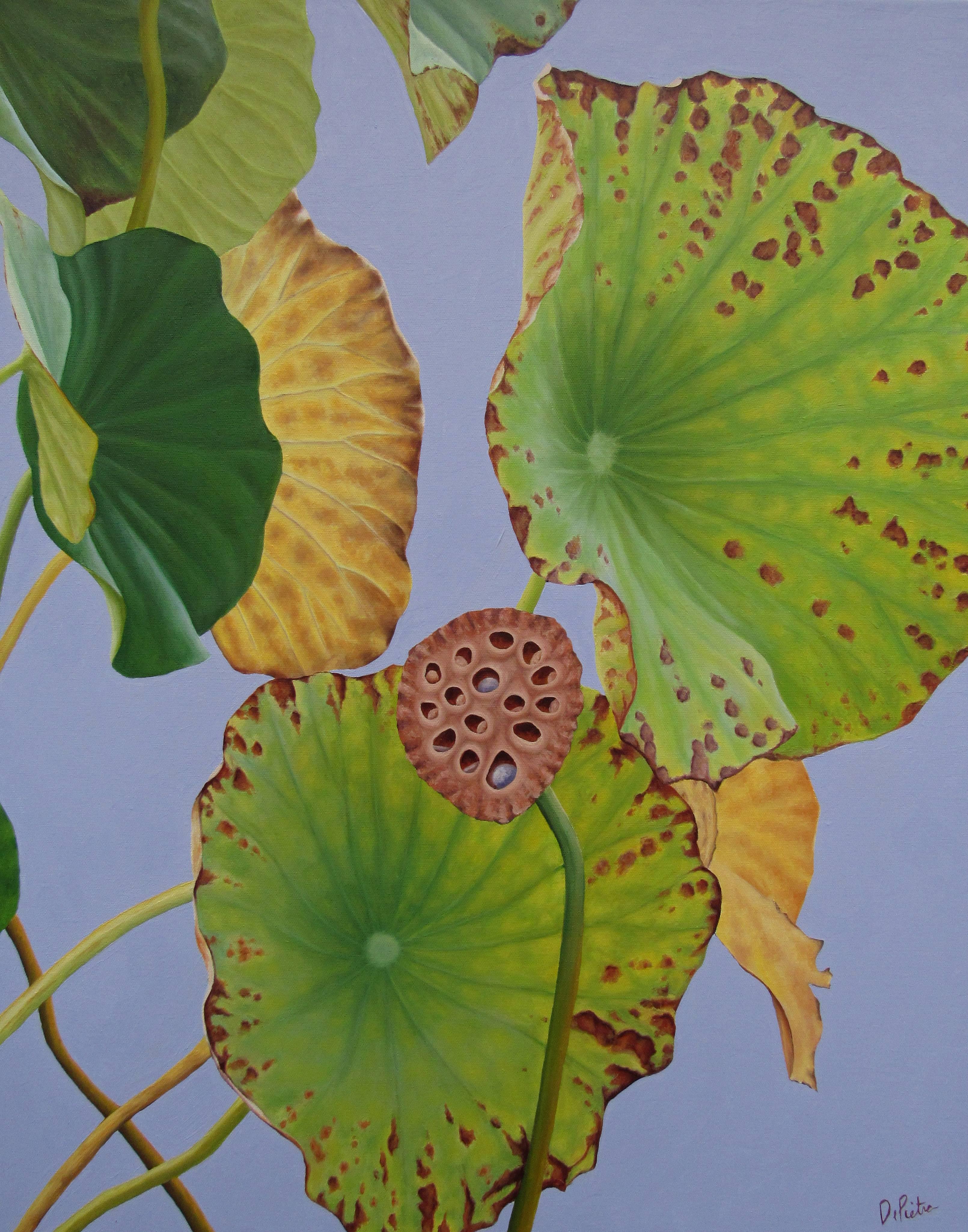 Frank DePietro Landscape Painting - Lotus Number Four (Hard Edge Floral Still Life Painting of Lotus Leaves)