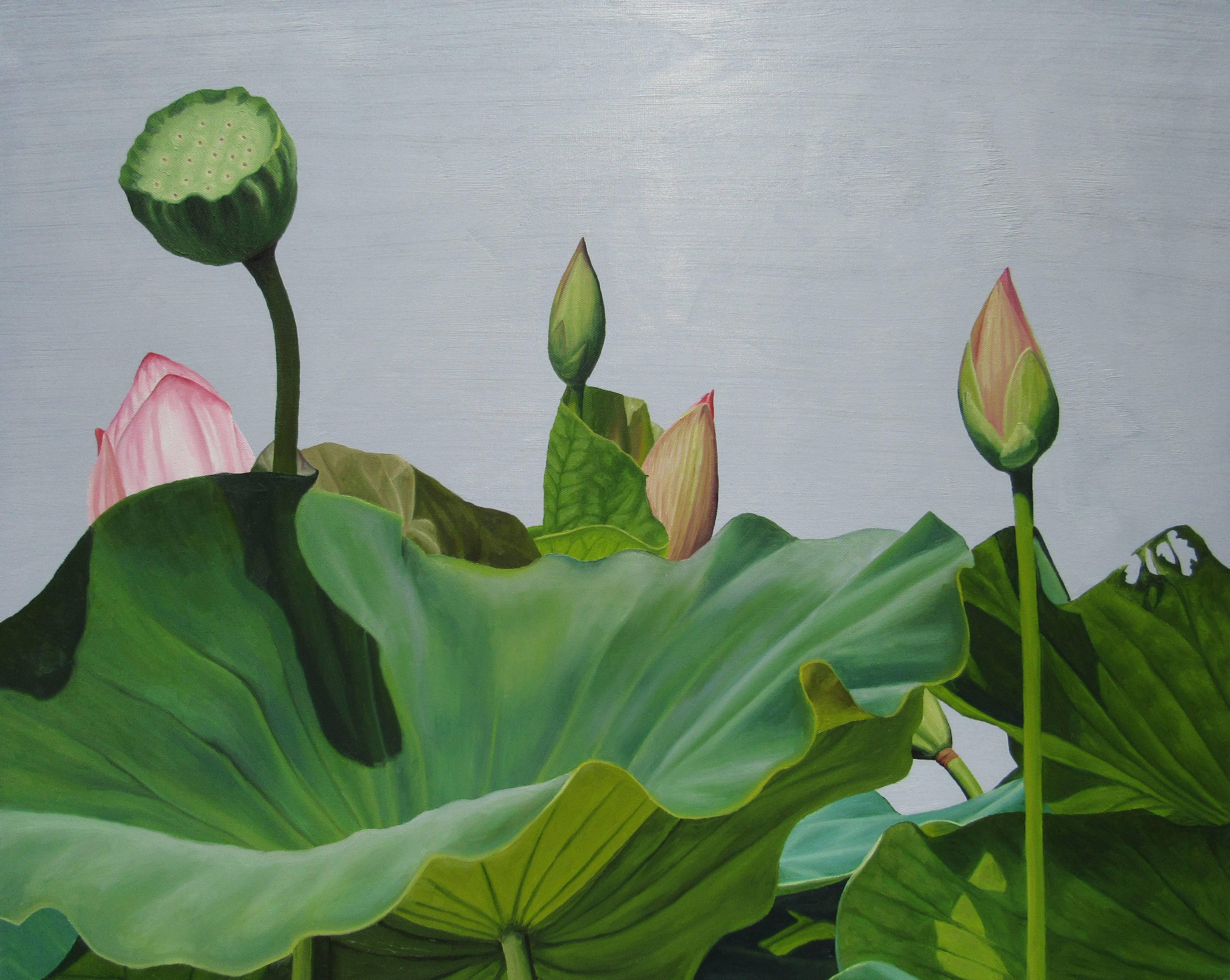 Frank DiPietro Figurative Painting - Lotus Number Two (Realist Floral Still Life Painting of Lotus Leaves and Stems)