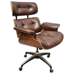 Vintage Frank Doerner Eames Style Brown Vinyl Rolling Swivel Office Desk Lounge Chair