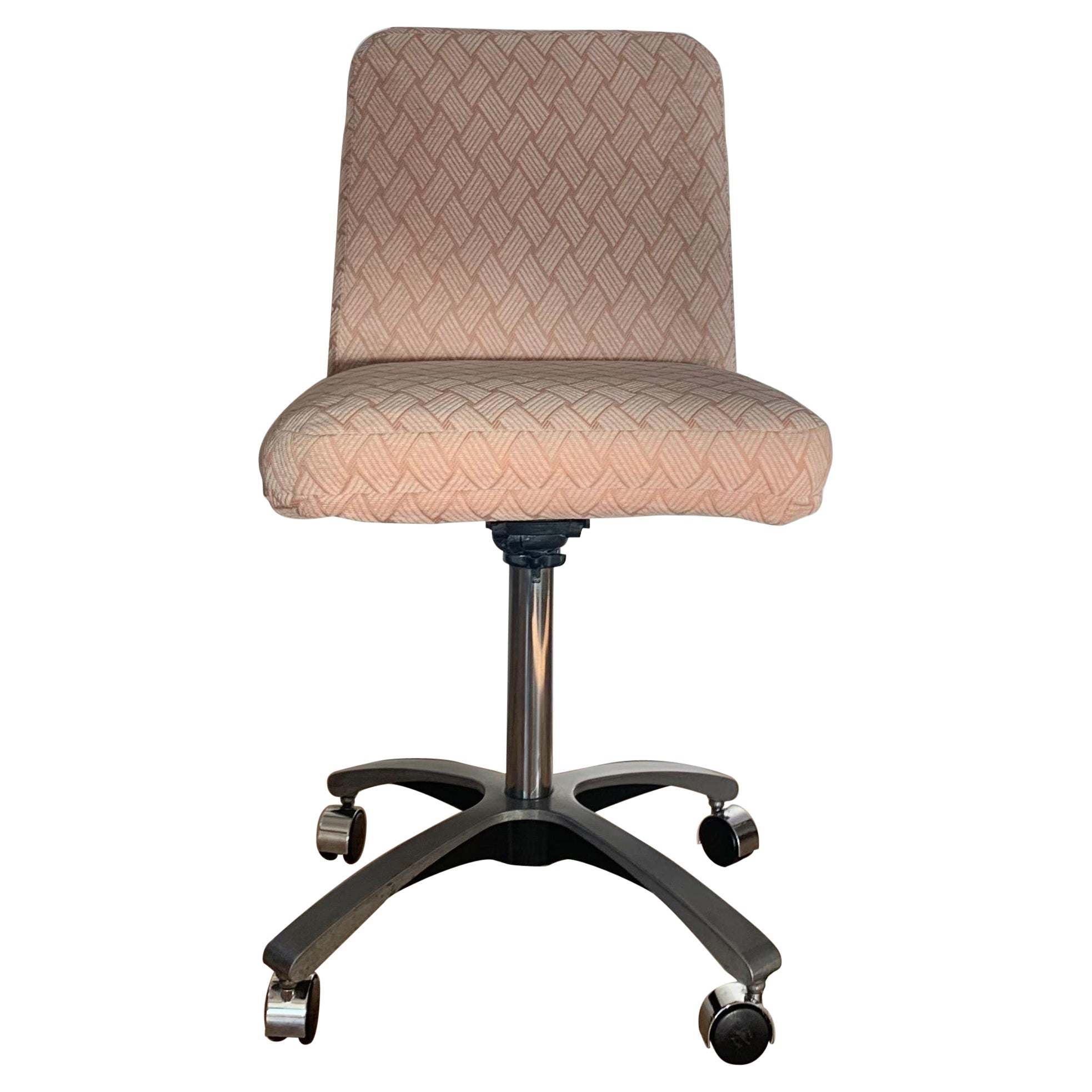 Rolling lucite desk chair by Frank Doerner. Chrome base, on wheels, with removable pale pink upholstered cushions (original I know not, but they’re vintage). Circa 1960. Minor signs of age upon close inspection (and the Velcro holding the two ties