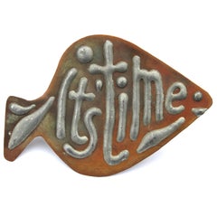 "It's Time" Modern Abstract Copper Metal Fish Word Art Wall Sculpture