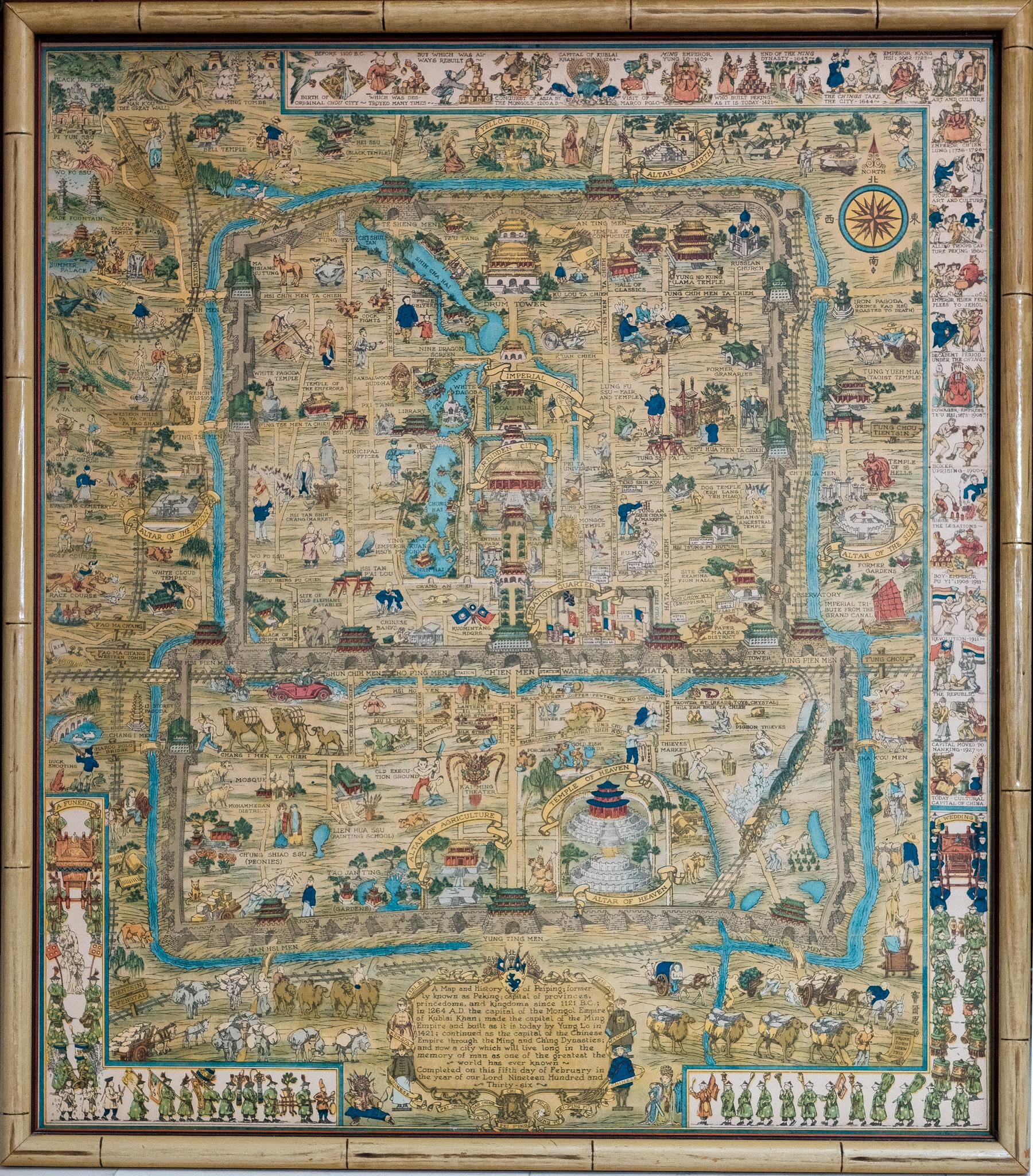 Frank Dorn Landscape Print - "Map and History of Peking" 1936, China Beijing Chromolithograph of City Temples