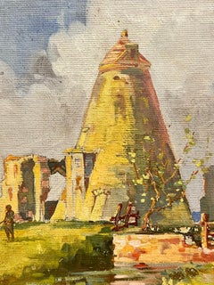 British Mid 20th Century Impressionist Painting - man outside tall building