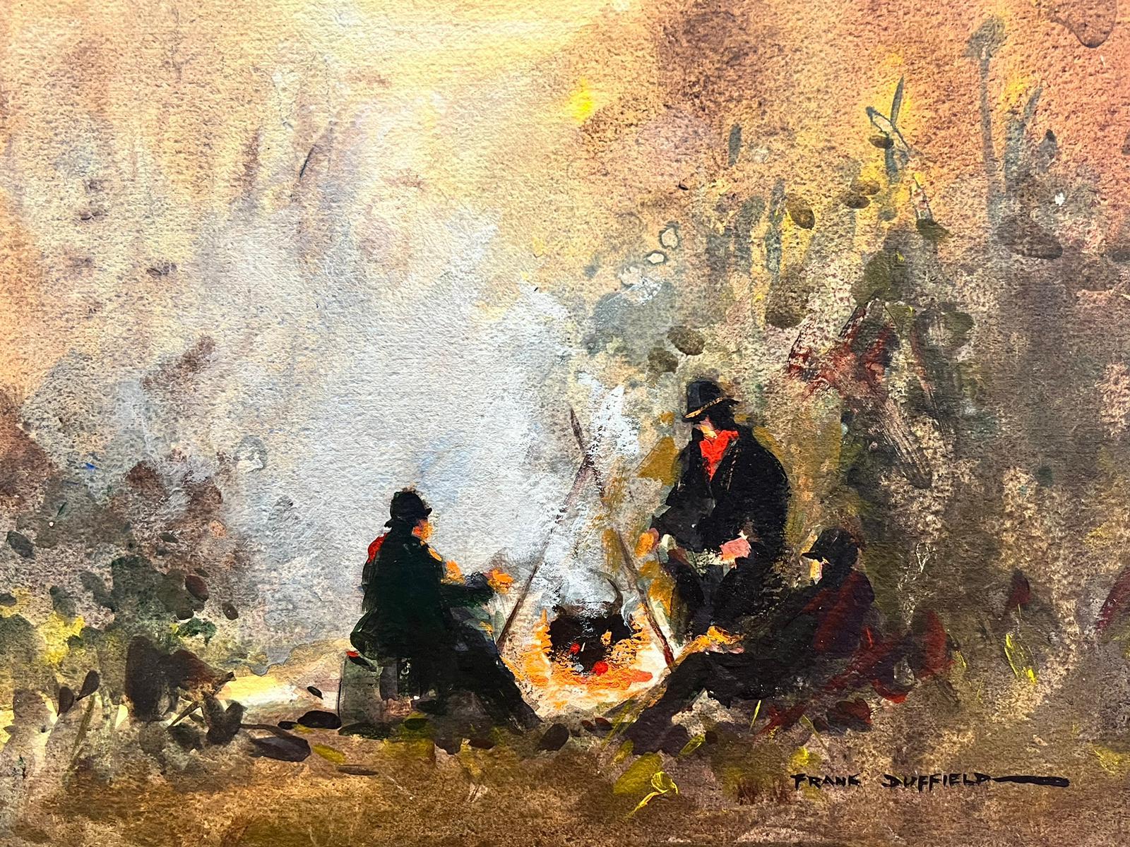 The Camp Fire
Frank Duffield (British, 1908-1982)
signed original watercolor painting on board, unframed
size: 10.75 x 15 inches
condition: overall very good, minor wear to the edges as is normal for an unframed work, minor staining from age/ light