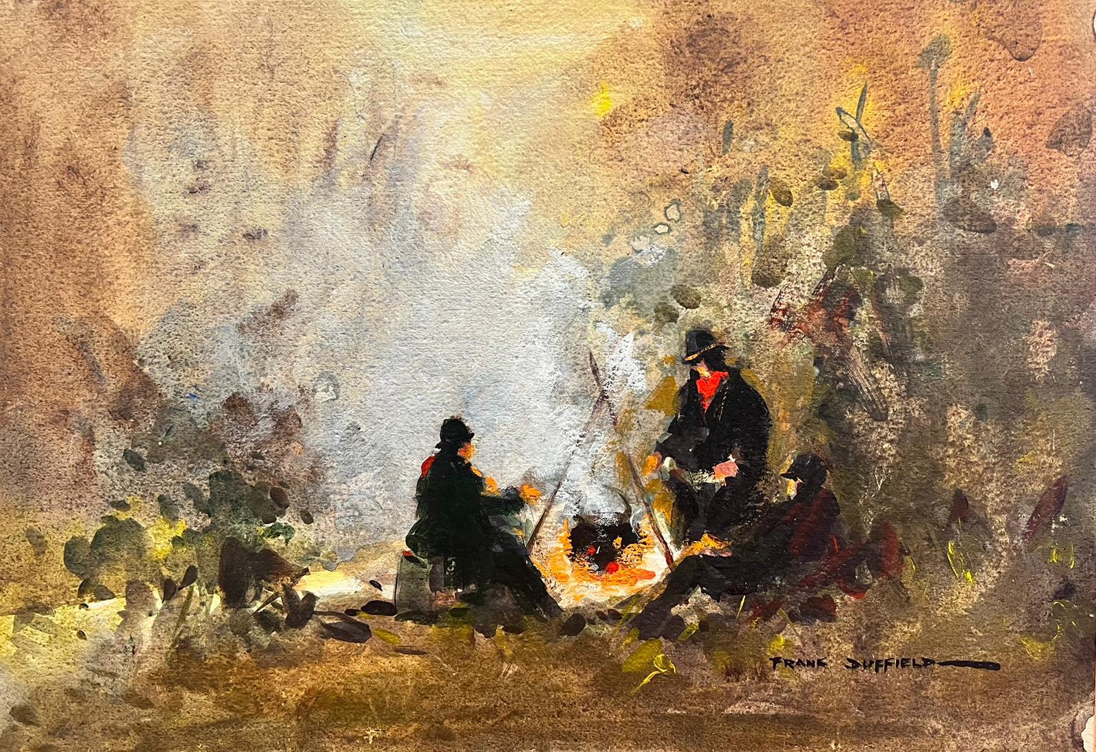 Britisches impressionistisches Gemälde, Reisende rund um das Camp Fire, Mitte des 20. Jahrhunderts