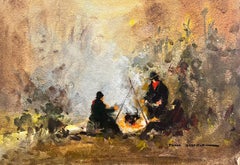 British Mid 20th Century Impressionist Painting Travellers round the Camp Fire
